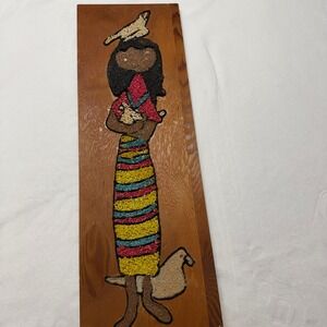 Vintage Folk Art Wooden Board Hand Made Woman w/ Cat on Head Signed  Funky Farm